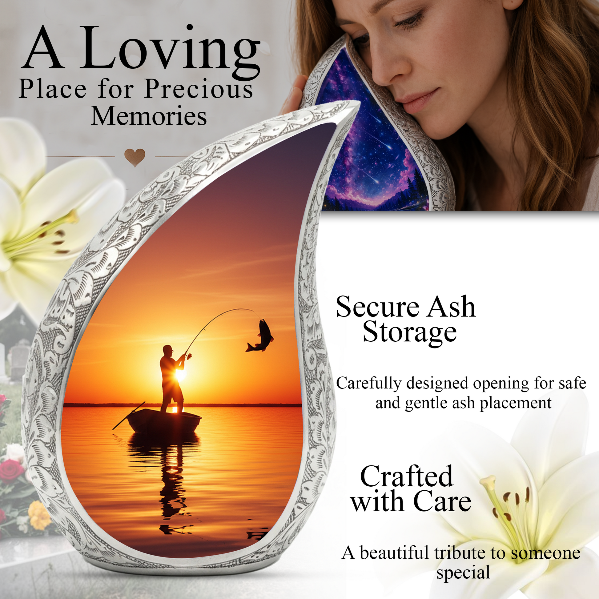Fishing Personalized Cremation Urn for Dad – Teardrop Style Aluminum Memorial Urn, 10 Inch