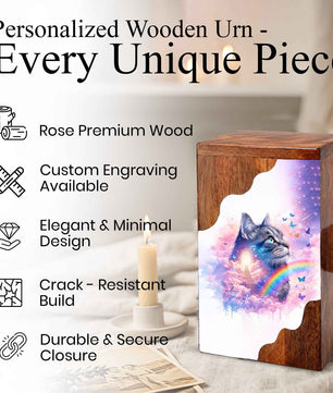 Wooden Cat Cremation Urn – Custom Cat Memorial Urn with Rainbow Bridge Design