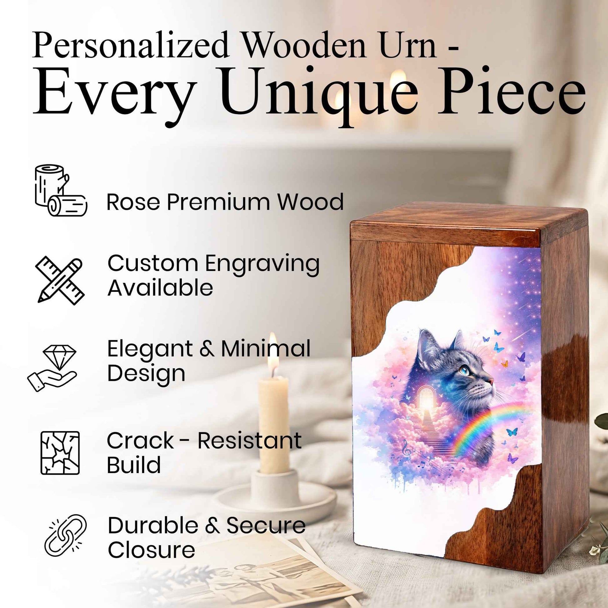 Wooden Cat Cremation Urn – Custom Cat Memorial Urn with Rainbow Bridge Design