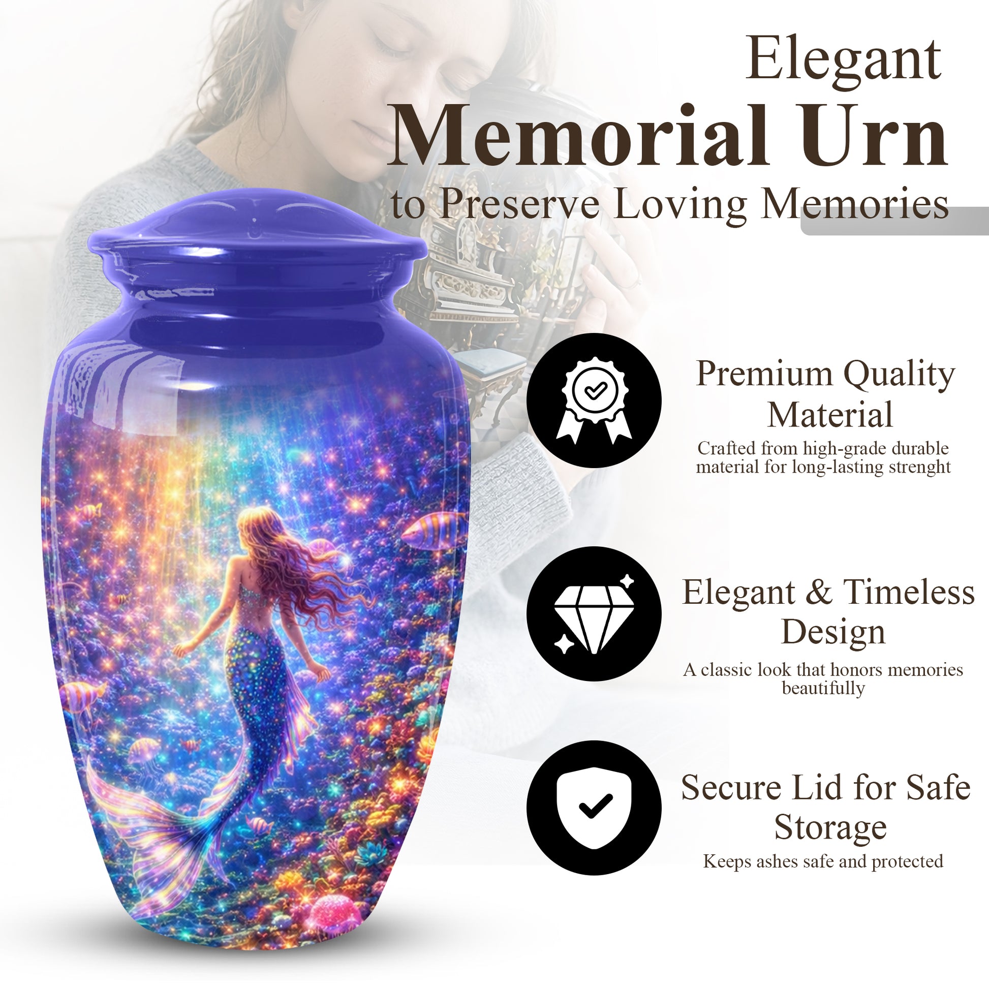 Mermaid Urn for Mom- Ocean Memorial Cremation Large Urn For Female