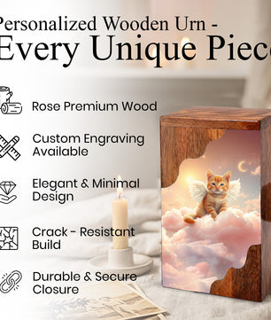 Cat Wooden Cremation Urn – Angel Cat Memorial Urn | Custom Pet Urn for Cat Ashes