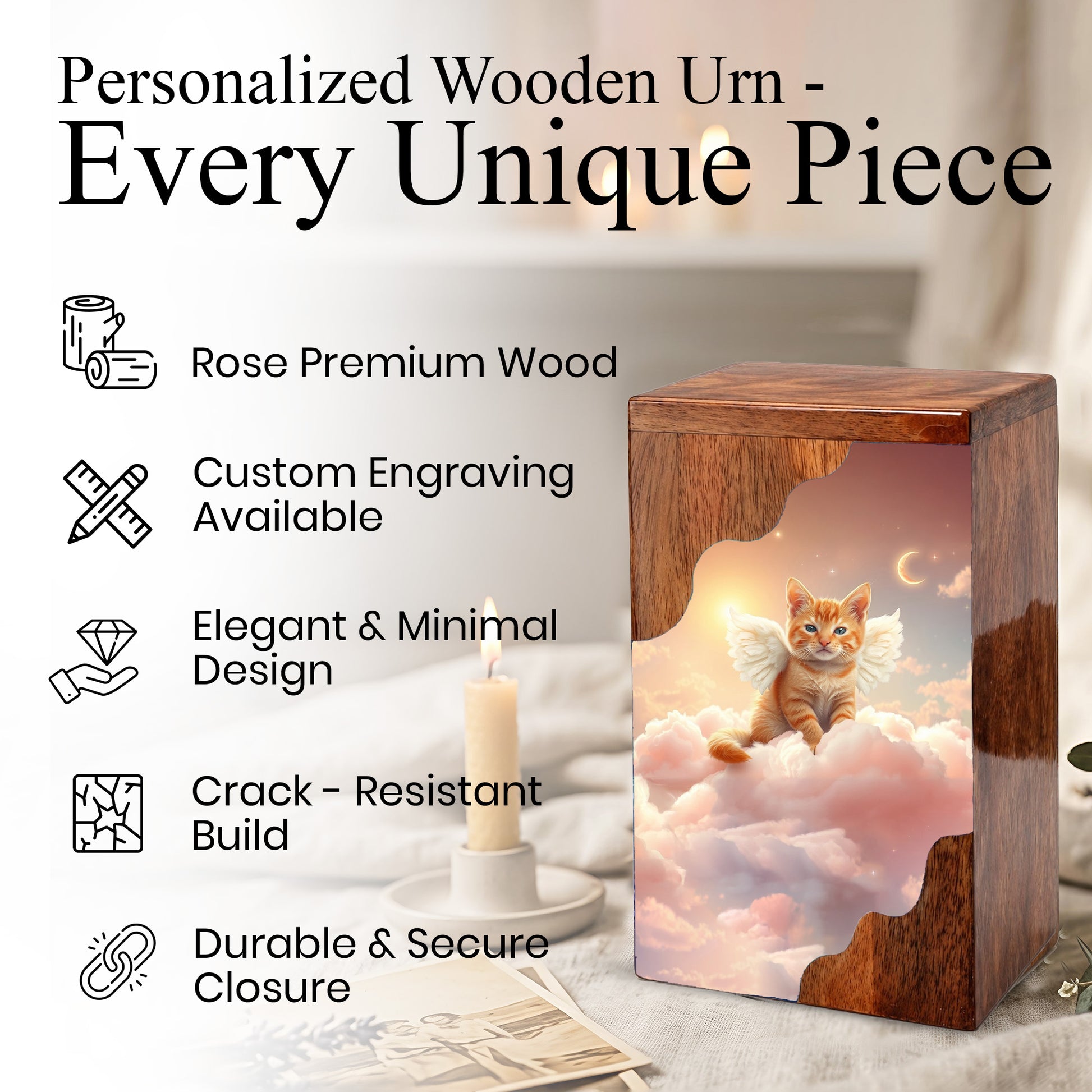 Cat Wooden Cremation Urn – Angel Cat Memorial Urn | Custom Pet Urn for Cat Ashes