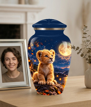 Personalized Adult Cremation Urn for Ashes, Baby Lion Under Golden Moon Memorial Urn