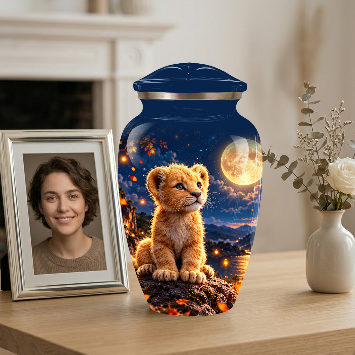 Personalized Adult Cremation Urn for Ashes, Baby Lion Under Golden Moon Memorial Urn