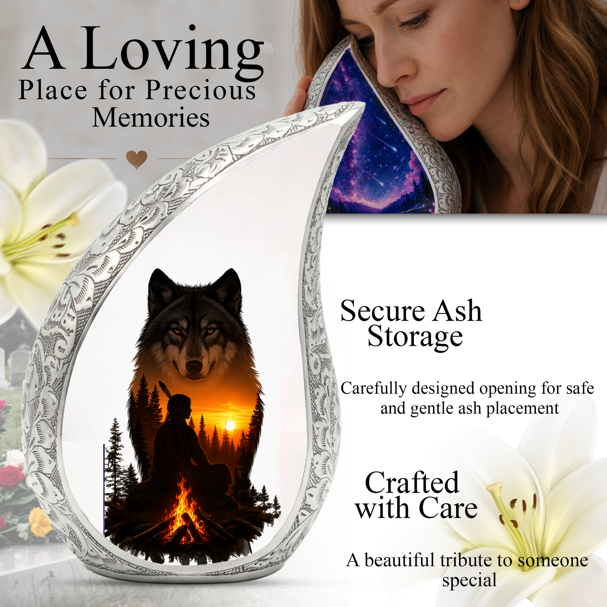 Wolf Memorial Adult Cremation Urn for Dad-Native Spirit Funeral Urn for Adult Ashes
