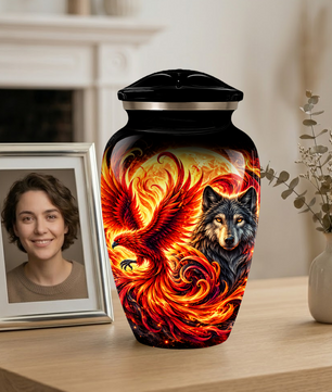 Phoenix and Wolf Cremation Urn for Adult Ashes, Fiery Red Phoenix and Wolf Adult Urn for Human Ashes
