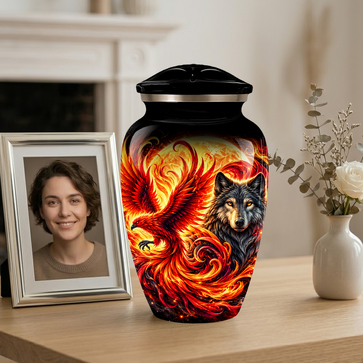Phoenix and Wolf Cremation Urn for Adult Ashes, Fiery Red Phoenix and Wolf Adult Urn for Human Ashes