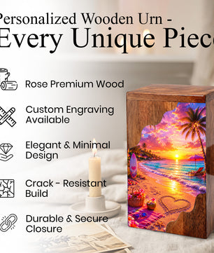 Beach Wooden Cremation Urn – Tropical Sunset Memorial Urn | Wooden Urn for Human Ashes