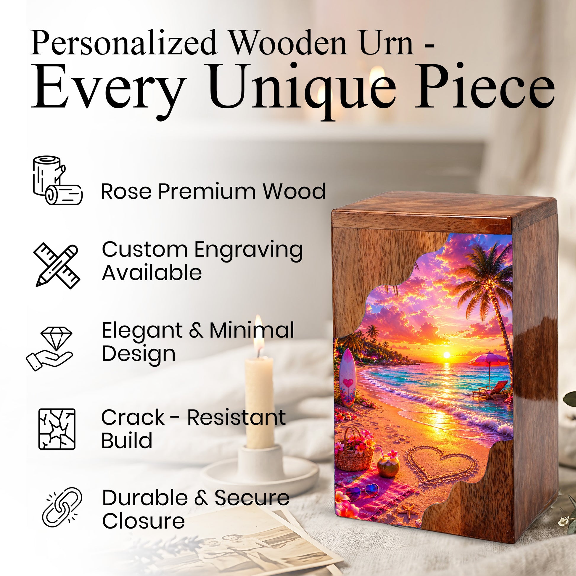 Beach Wooden Cremation Urn – Tropical Sunset Memorial Urn | Wooden Urn for Human Ashes