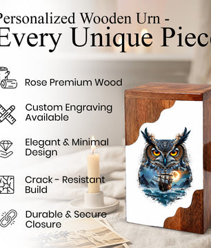 Owl Wooden Cremation Urn – Moonlit Owl Memorial Urn with Ocean Ship Artwork