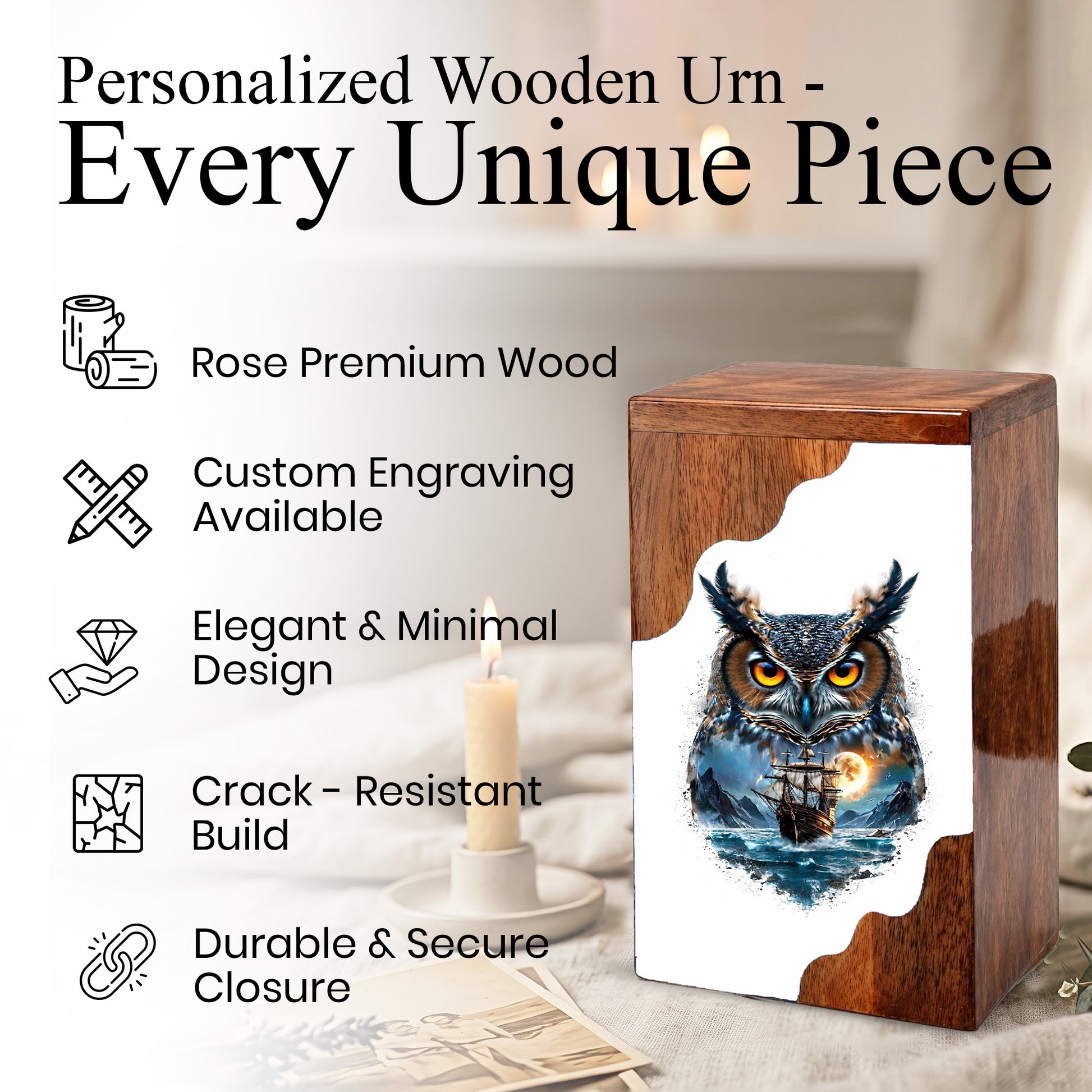 Owl Wooden Cremation Urn – Moonlit Owl Memorial Urn with Ocean Ship Artwork