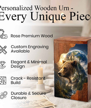 Wooden Cremation Urn for Human Ashes, Bear Memorial Urn