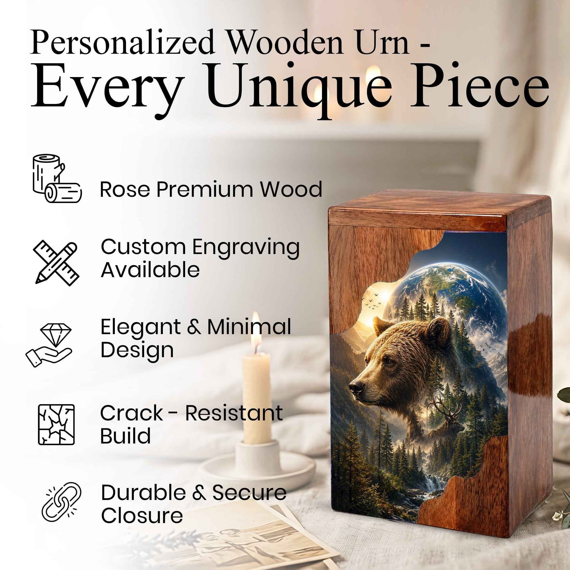 Wooden Cremation Urn for Human Ashes, Bear Memorial Urn