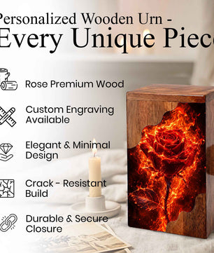 Fiery Rose Wooden Cremation Urn – Personalized Memorial Urn for Human Ashes