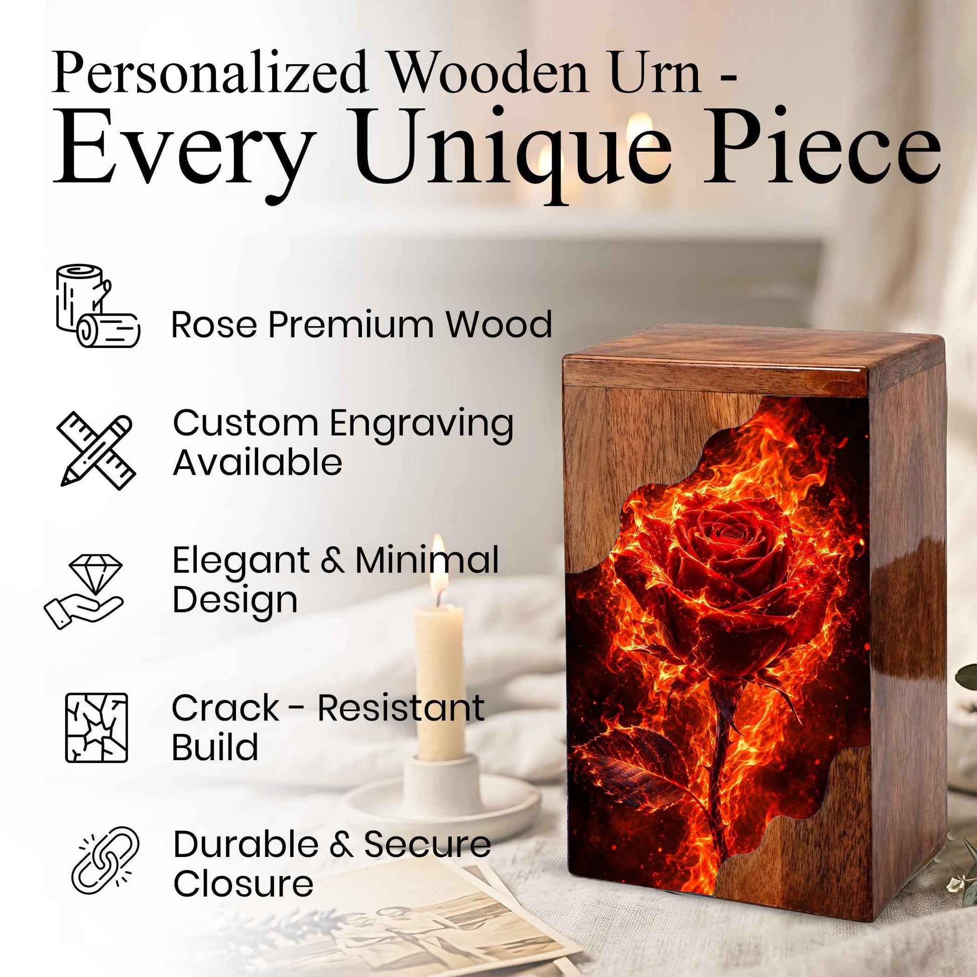 Fiery Rose Wooden Cremation Urn – Personalized Memorial Urn for Human Ashes