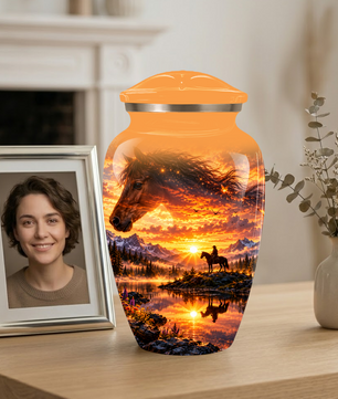 Personalized Horse Cremation Urn for Ashes, Horse Memorial Urn, Sunset Cowboy Urn