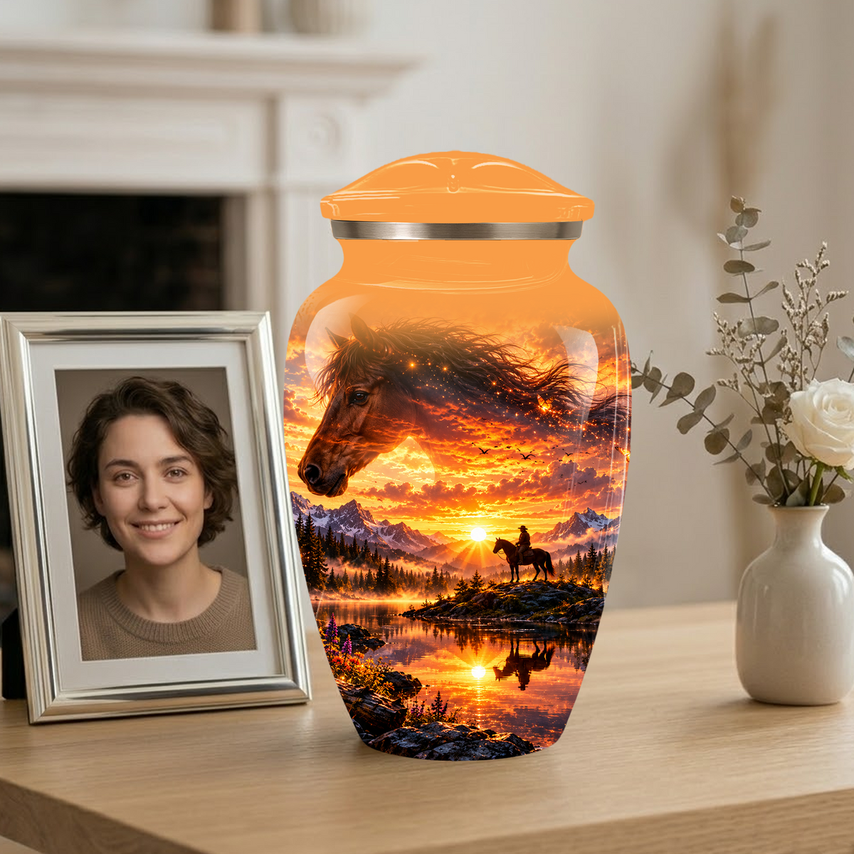 Personalized Horse Cremation Urn for Ashes, Horse Memorial Urn, Sunset Cowboy Urn