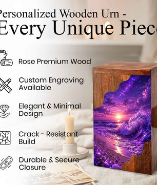 Violet Ocean Wooden Cremation Urn – Beach Theme Wooden Urn for Human Ashes