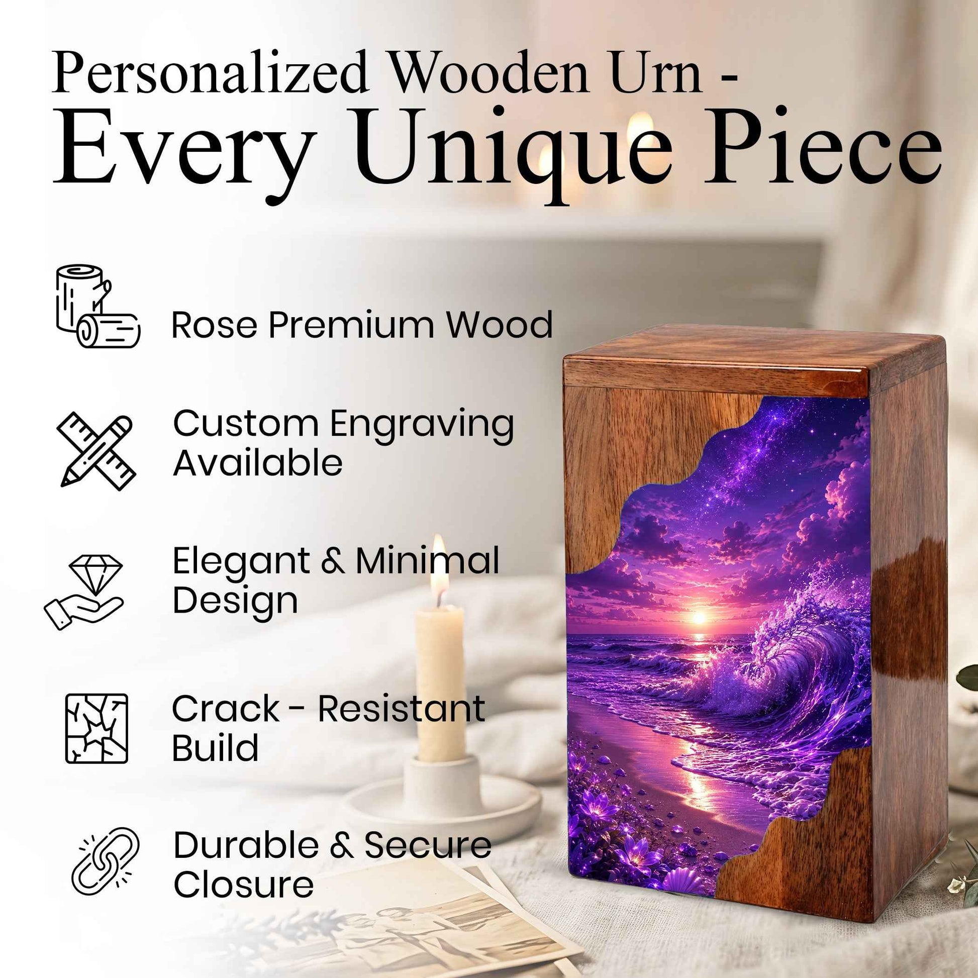 Violet Ocean Wooden Cremation Urn – Beach Theme Wooden Urn for Human Ashes