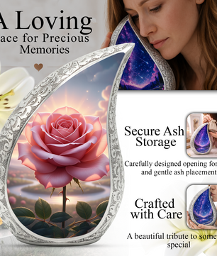 Personalized Pink Rose Cremation Urn – Custom Floral Memorial Urn for Ashes, Elegant Teardrop Aluminum Adult Urn, 10 Inch