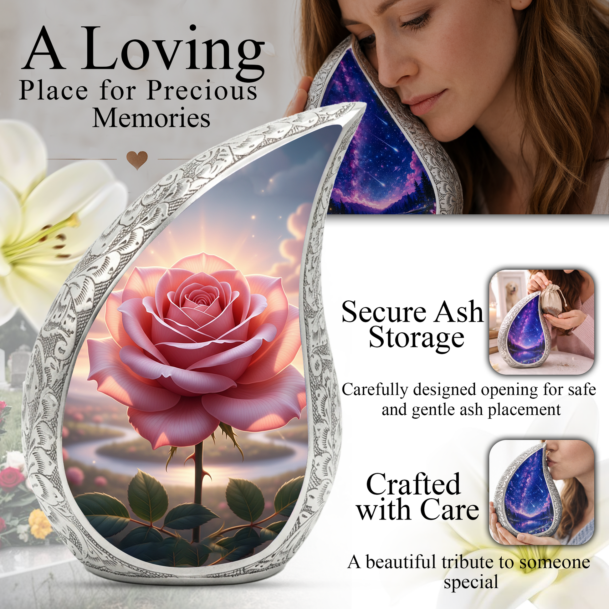 Personalized Pink Rose Cremation Urn – Custom Floral Memorial Urn for Ashes, Elegant Teardrop Aluminum Adult Urn, 10 Inch