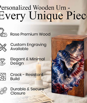American Eagle Wooden Cremation Urn | Patriotic Veteran Urn for Dad