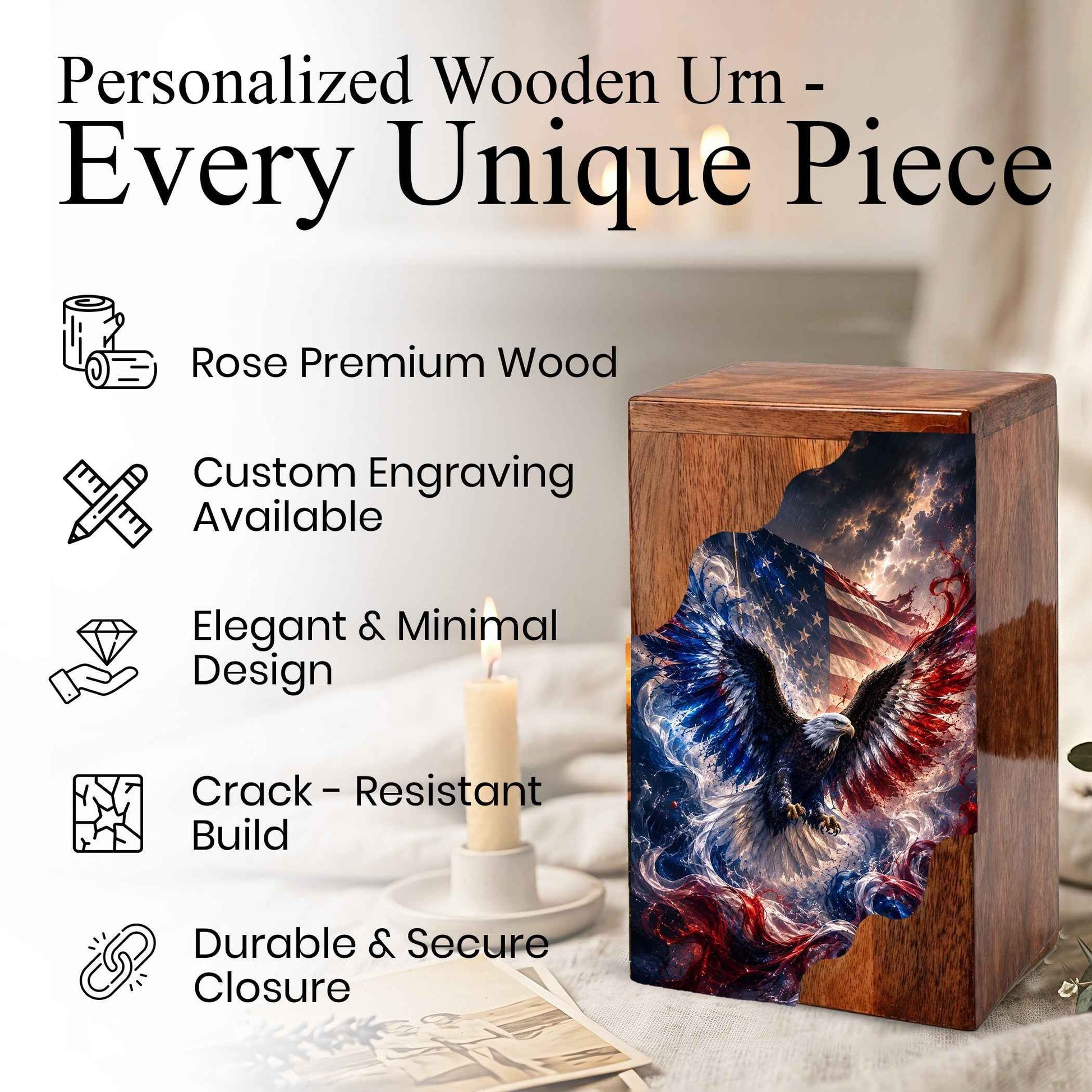 American Eagle Wooden Cremation Urn | Patriotic Veteran Urn for Dad