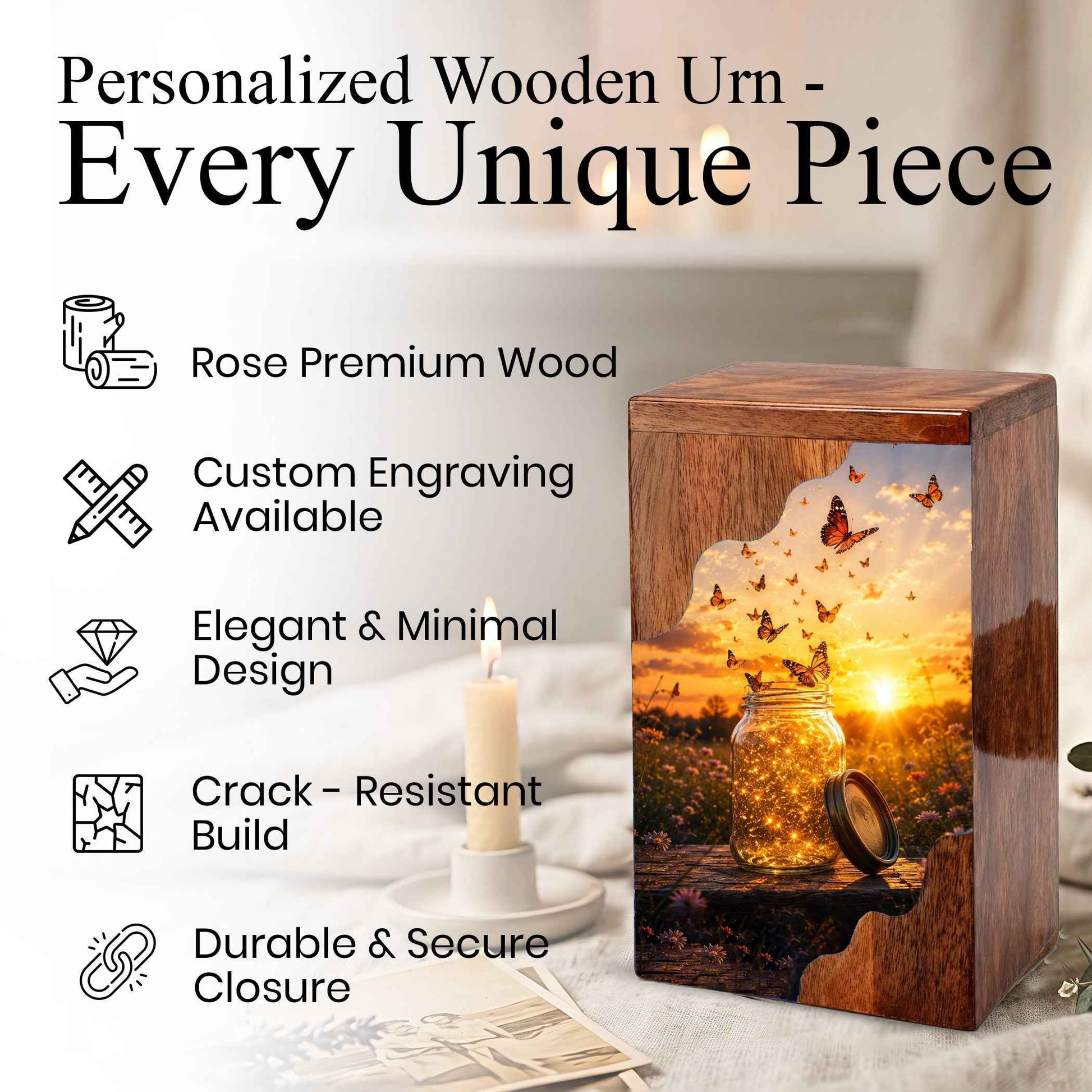 Butterfly Wooden Cremation Urn – Sunset Memorial Urn for Human Ashes