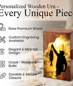 Fishing in Heaven Wooden Cremation Urn – Gone Fishing Memorial Urn for Human Ashes