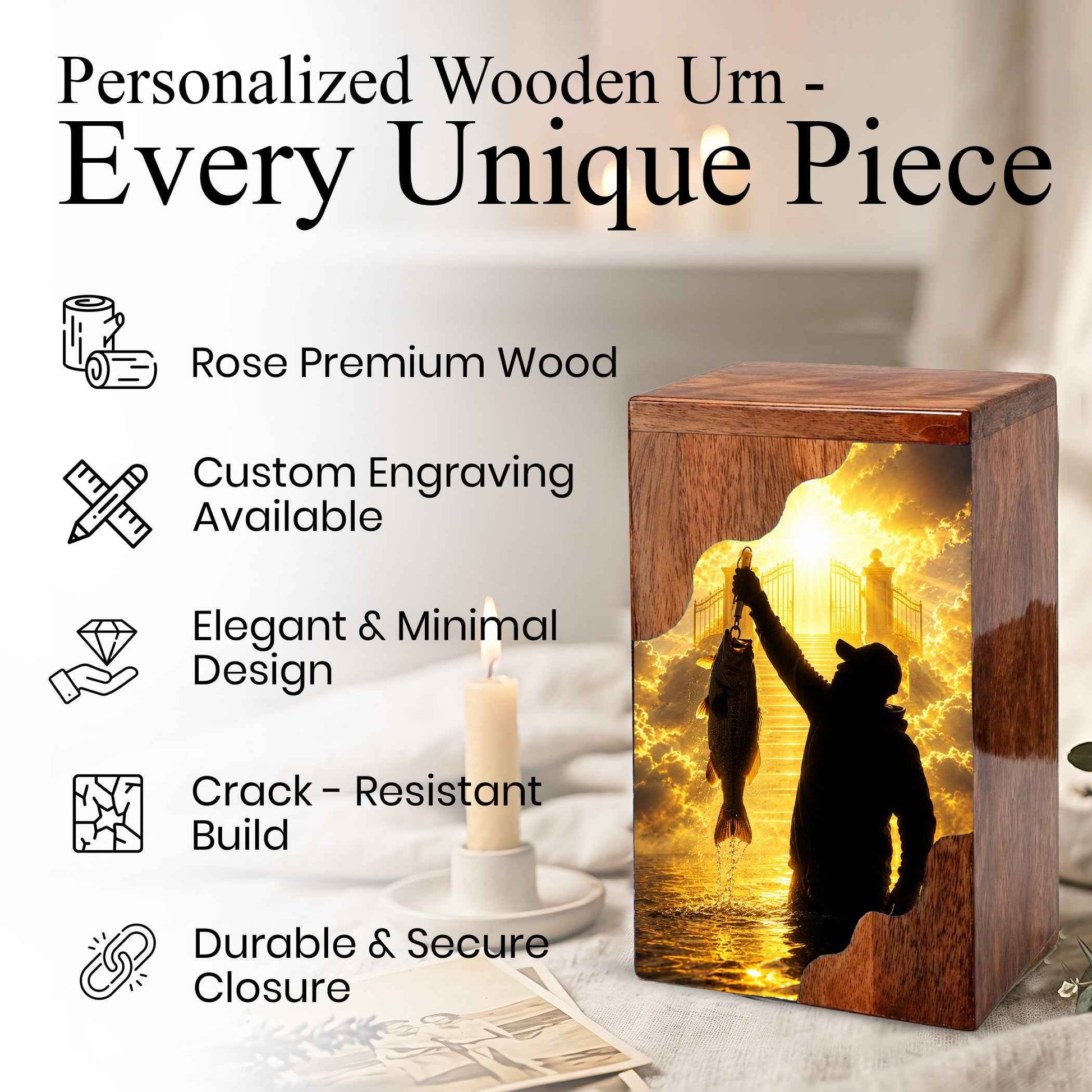 Fishing in Heaven Wooden Cremation Urn – Gone Fishing Memorial Urn for Human Ashes