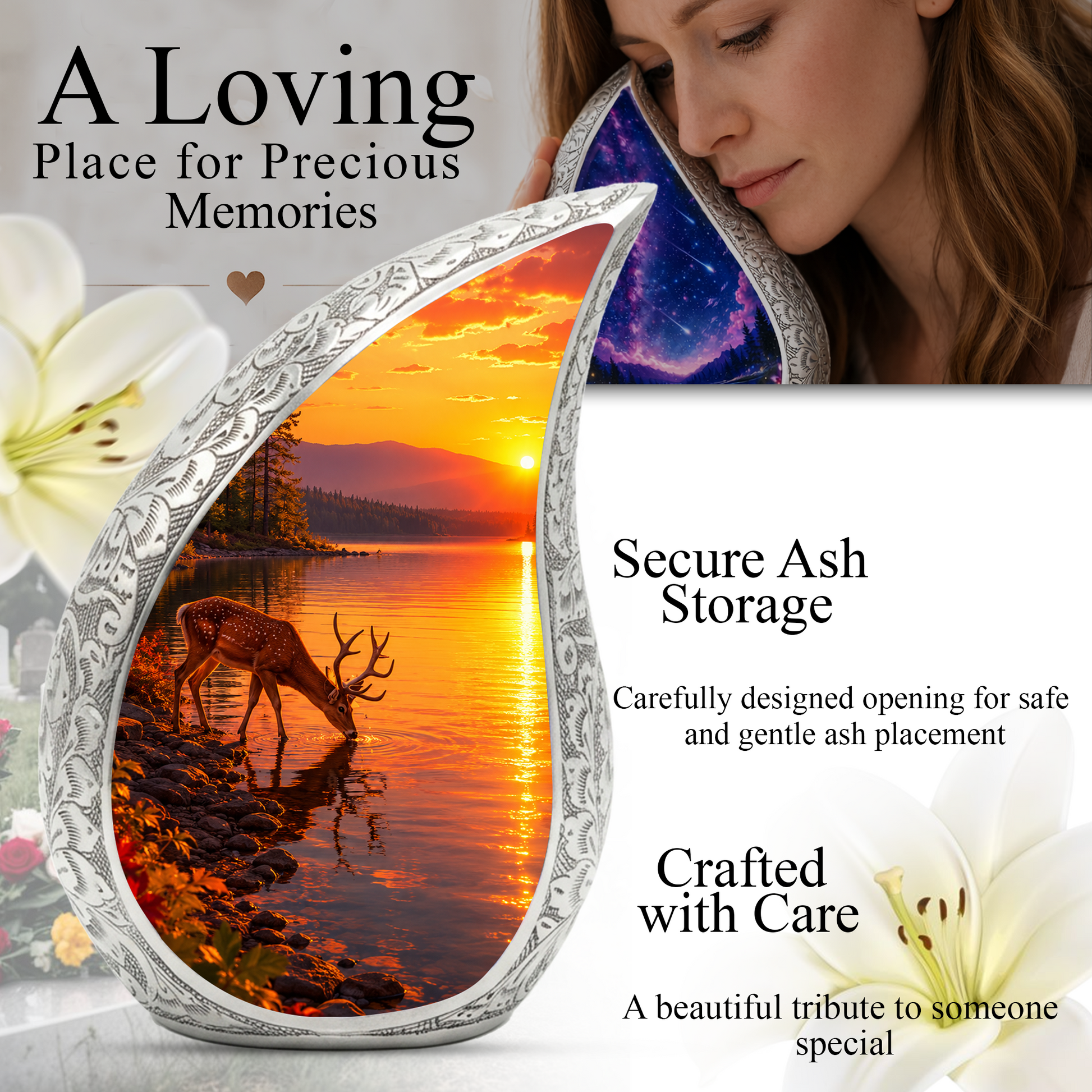Deer Memorial Urn for Mom, Sunset Deer Cremation Urn, Memorial Urn for Women