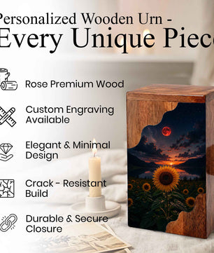 Sunflower Wooden Cremation Urn for Mom | Personalized Wooden Urn for Human Ashes | Red Moon Memorial Urn