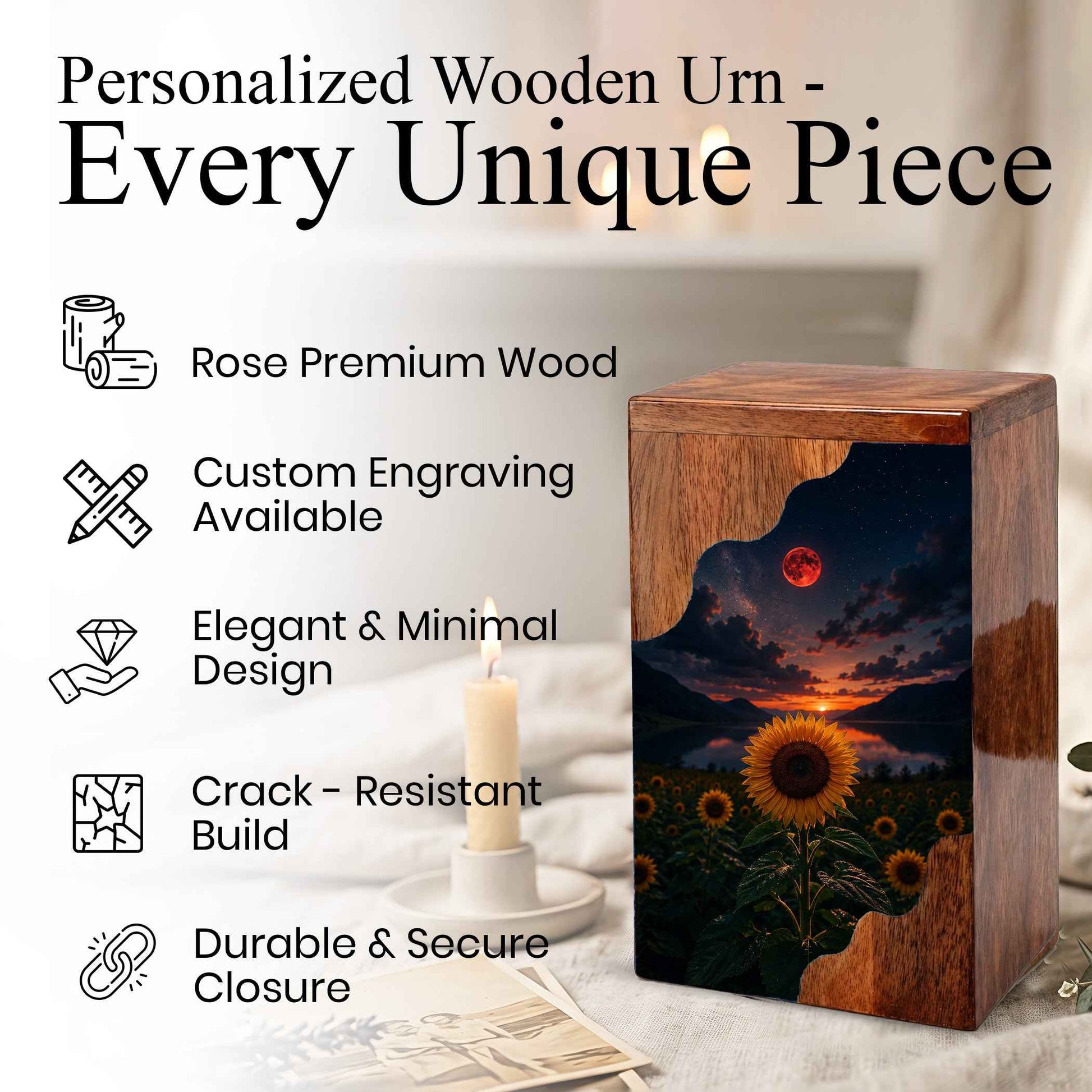 Sunflower Wooden Cremation Urn for Mom | Personalized Wooden Urn for Human Ashes | Red Moon Memorial Urn