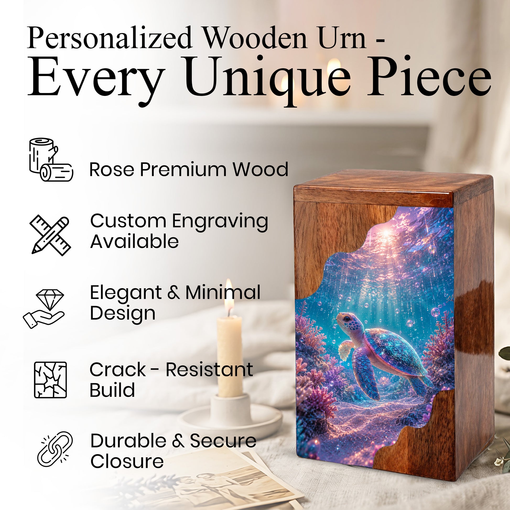 Sea Turtle Underwater Wooden Cremation Urn – Personalized Memorial Urn for Human Ashes