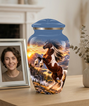 Horse Cremation Urn for Ashes, Rearing Horse Sunset Design, Custom Horse Lover Pet Memorial Urn