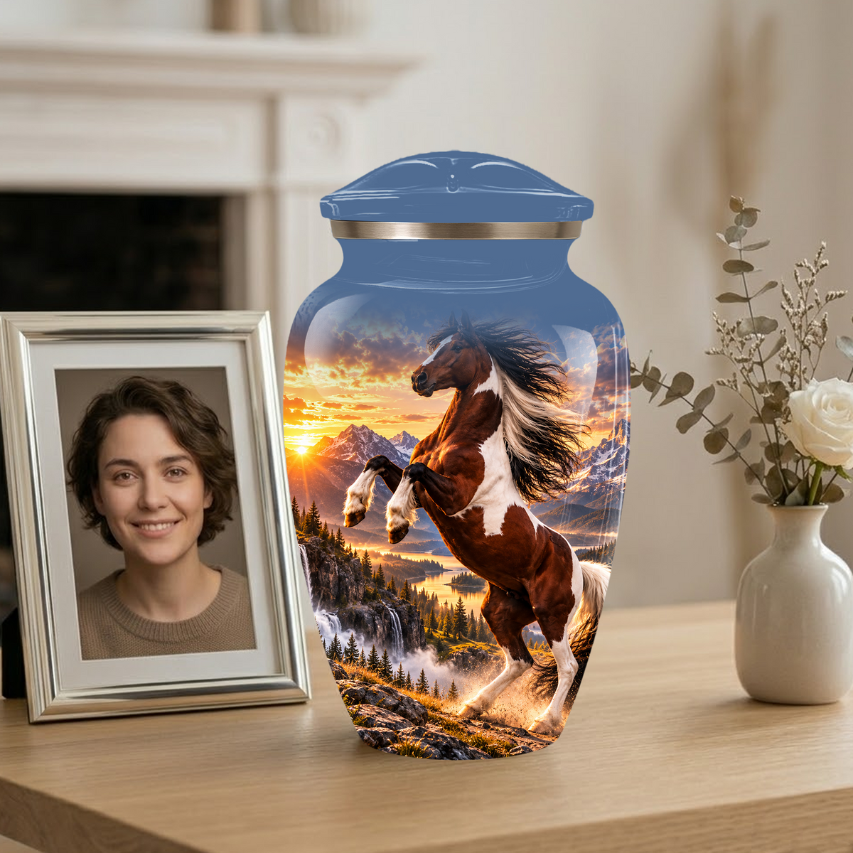 Horse Cremation Urn for Ashes, Rearing Horse Sunset Design, Custom Horse Lover Pet Memorial Urn