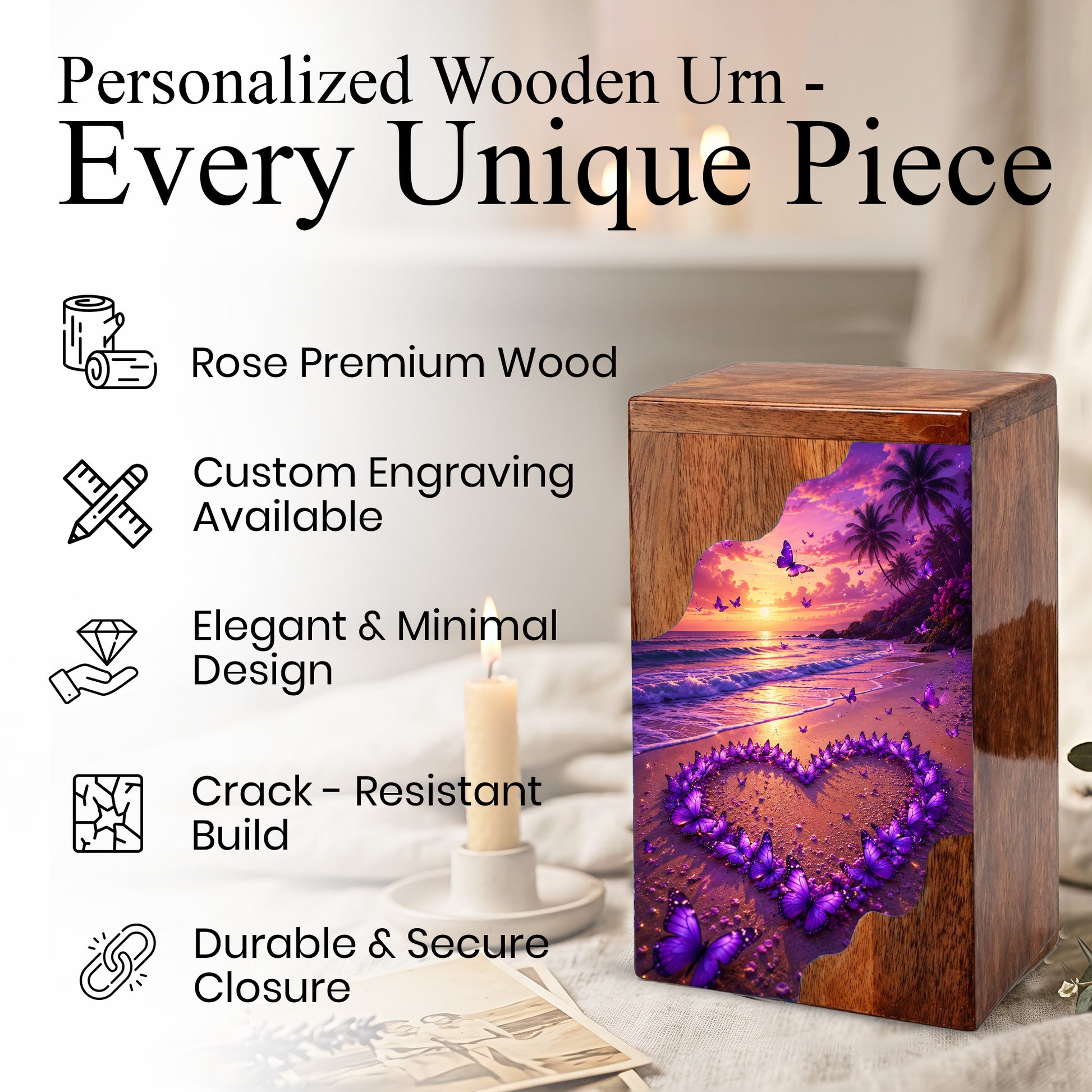 Purple Butterfly Beach Wooden Cremation Urn – Sunset Memorial Urn for Mom