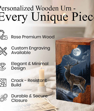 Deer Wooden Cremation Urn – Moonlit Forest Memorial Urn