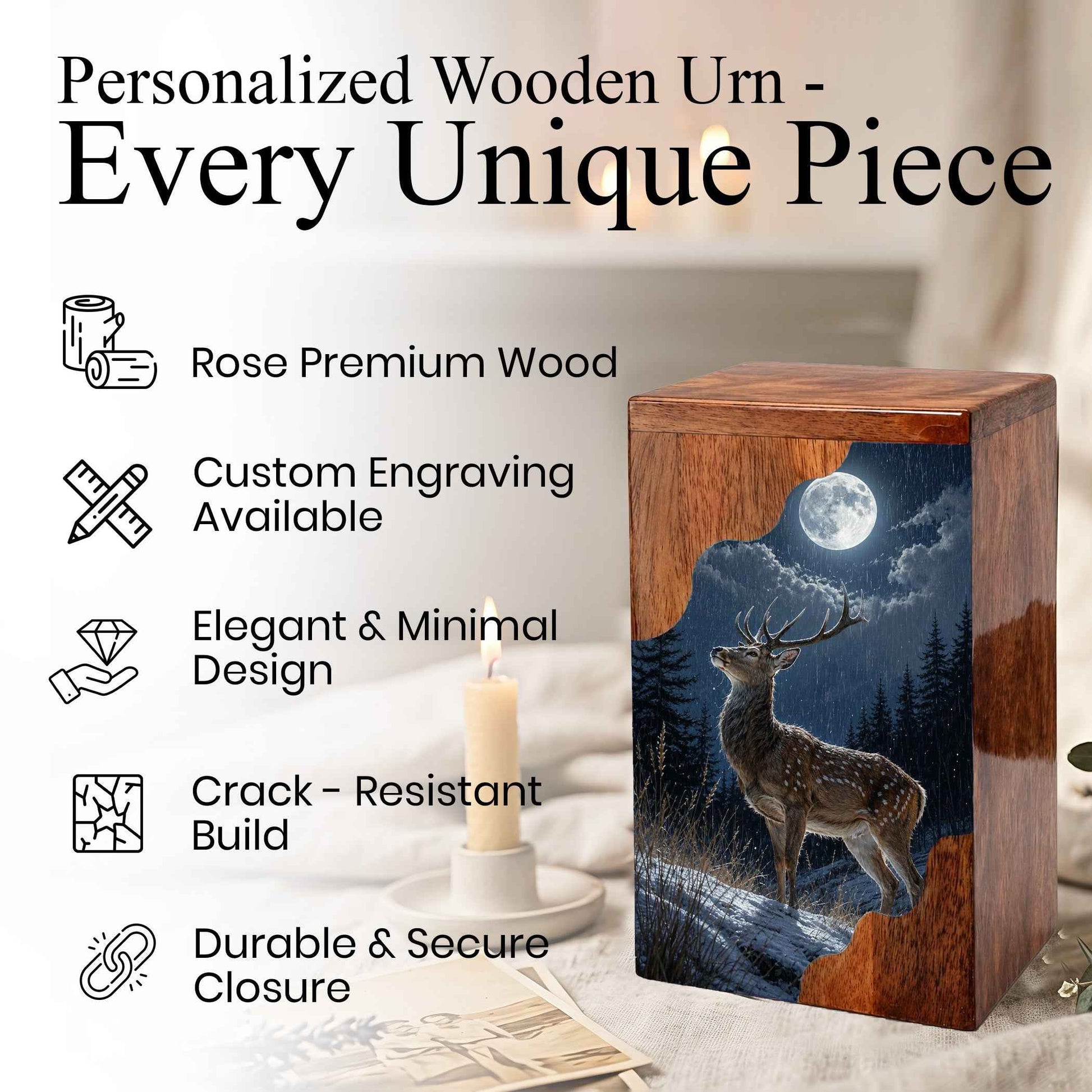 Deer Wooden Cremation Urn – Moonlit Forest Memorial Urn