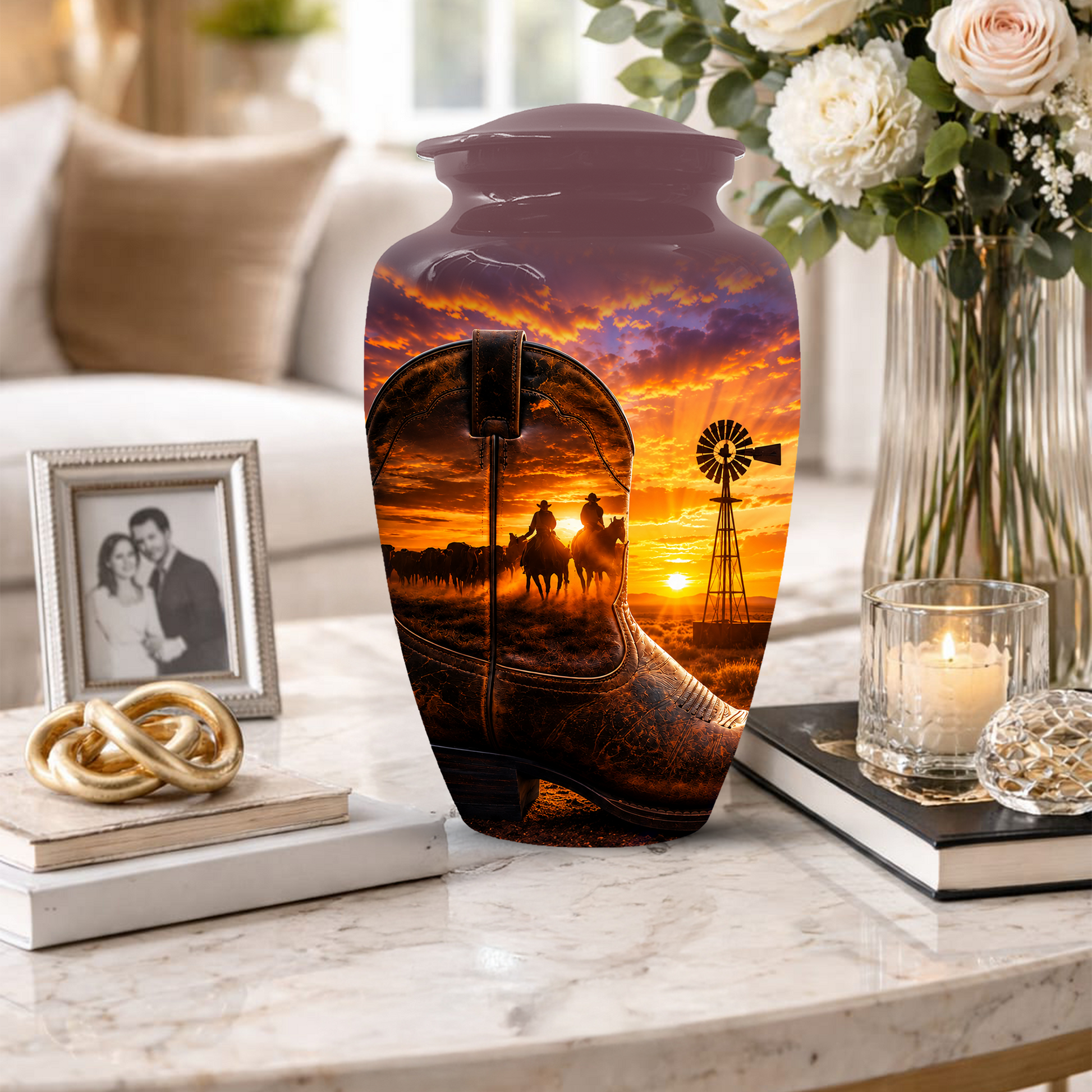 Cowboy Cremation Urn for Dad, Western Boot Memorial keepsake Urns for Ashes