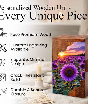 Purple Sunflower Cremation Urn for Mom | Wooden Urn for Human Ashes