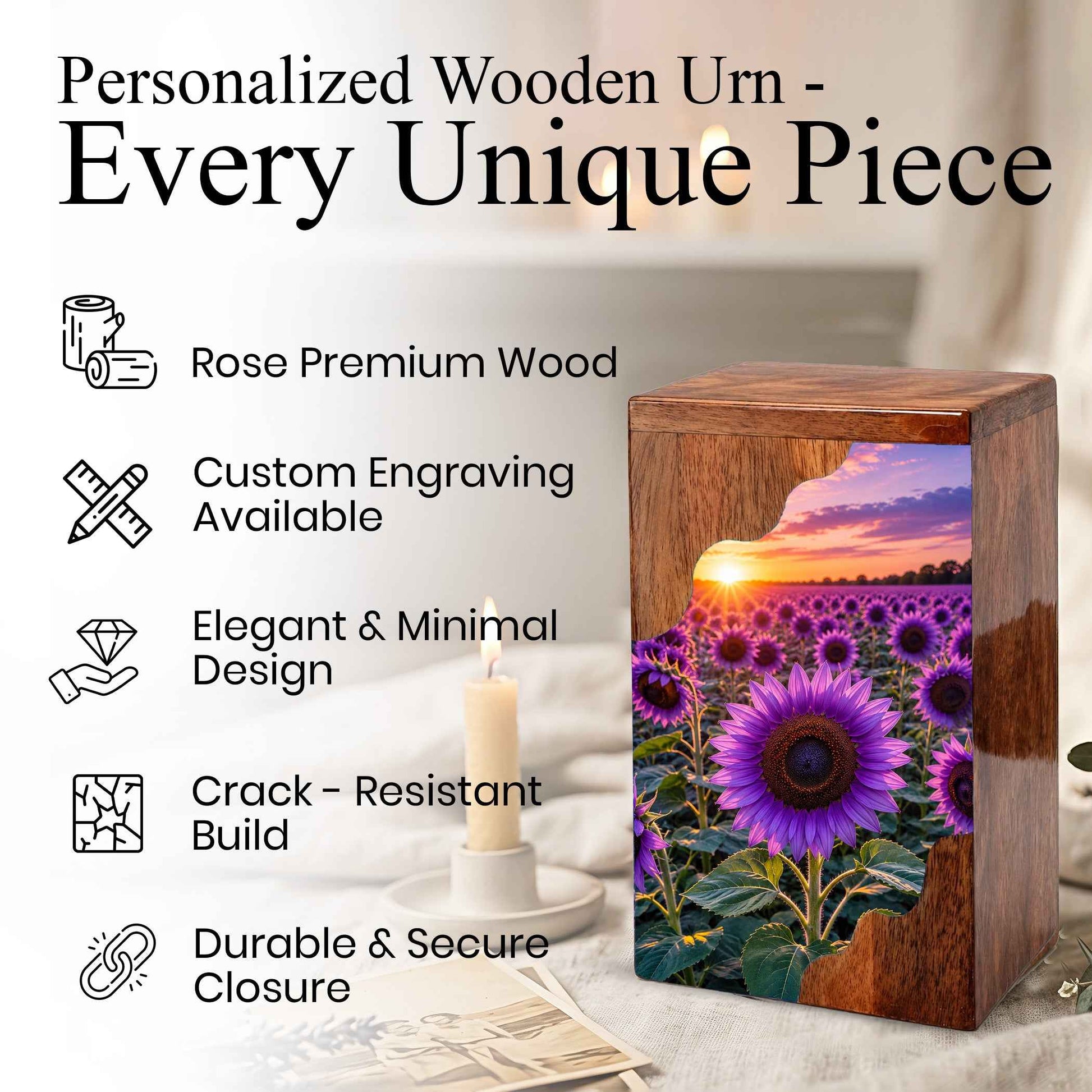 Purple Sunflower Cremation Urn for Mom | Wooden Urn for Human Ashes