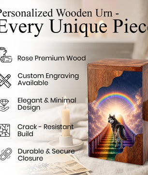 Personalized Husky Dog Urn for Ashes, Rainbow Bridge Wooden Cremation Urn