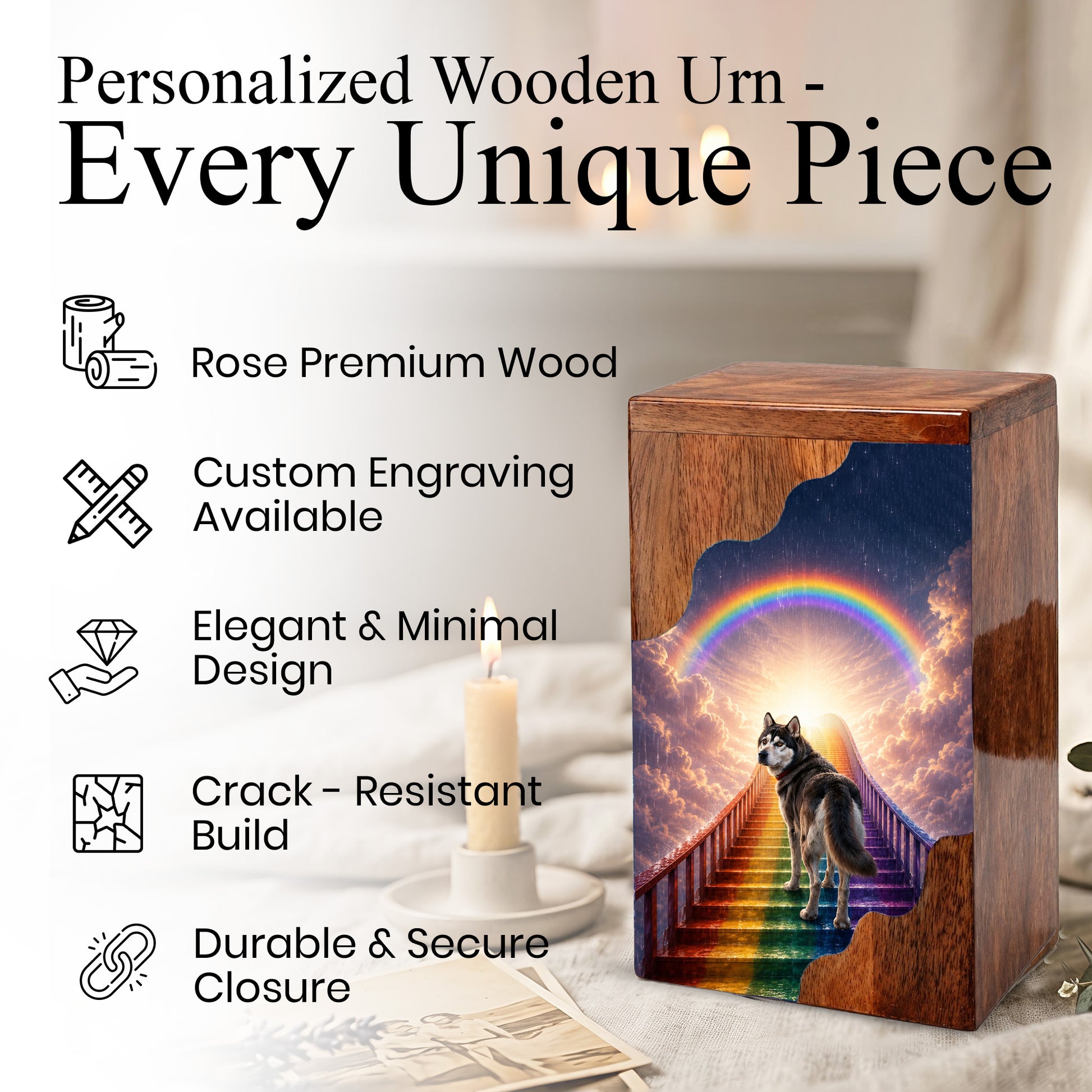 Personalized Husky Dog Urn for Ashes, Rainbow Bridge Wooden Cremation Urn