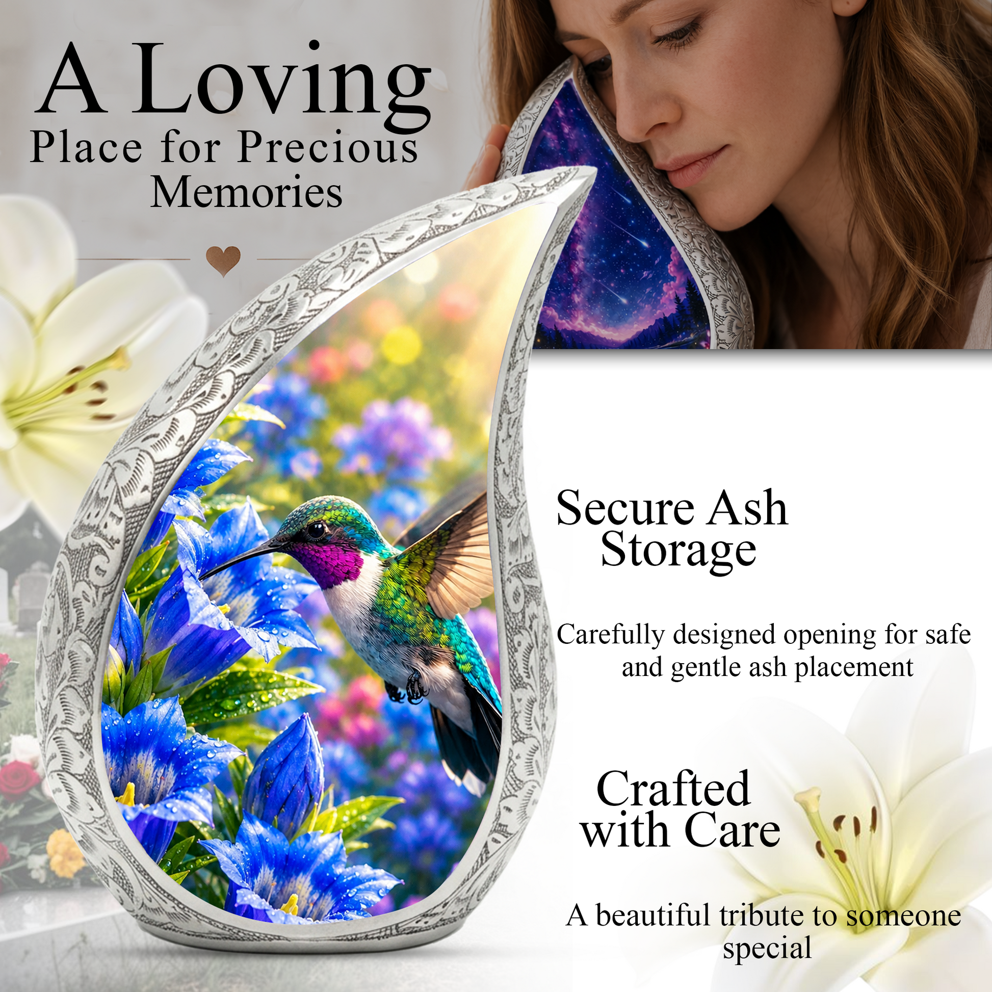 Hummingbird Urn for Human Ashes | Beautiful Hummingbird Adult Cremation Urn | Floral Memorial Urn for Adult Ashes
