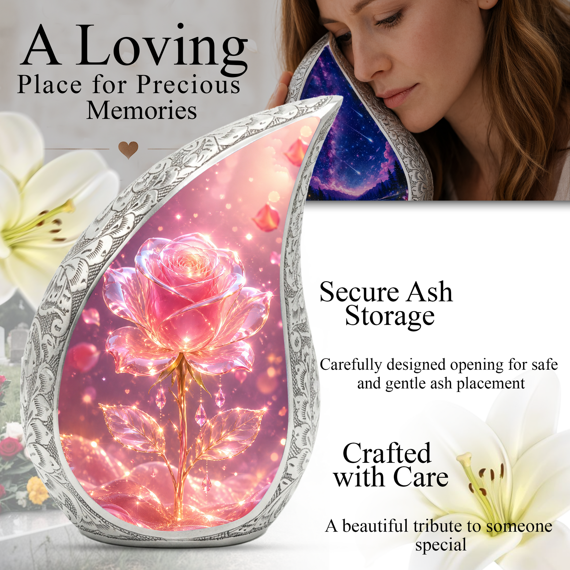 Pink Rose Urn for Mom | Beautiful Urns for Women | Cremation Urn for Mom