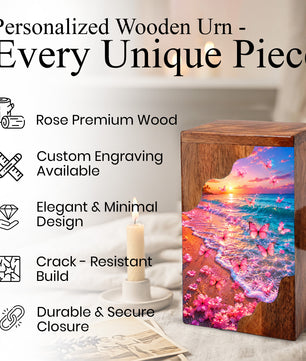 Pink Butterfly Beach Wooden Cremation Urn – Sunset Ocean Memorial Urn for Mom