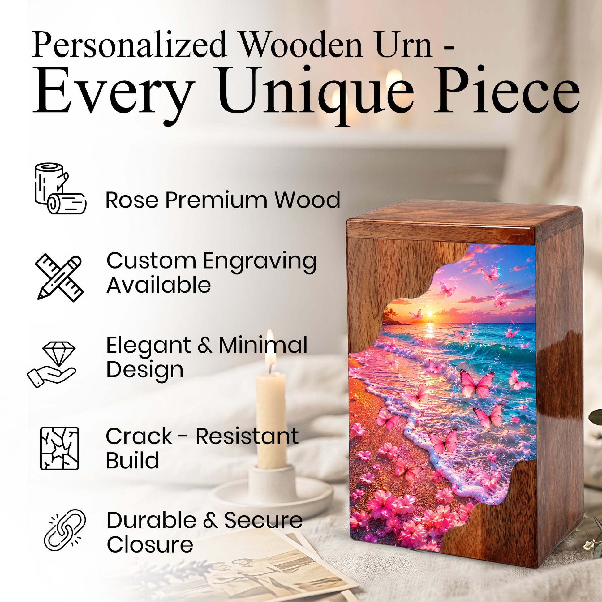 Pink Butterfly Beach Wooden Cremation Urn – Sunset Ocean Memorial Urn for Mom