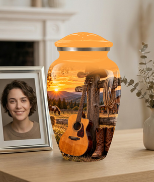 Personalized Cowboy Cremation Urn for Ashes, Country Music Guitar Design, Custom Adult Urn