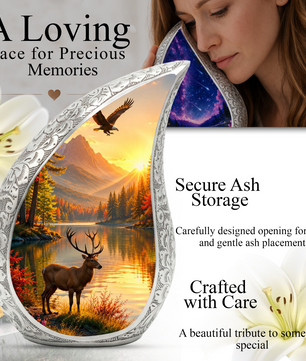 Deer Memorial Adult Urn for Ashes, Mountain Lake Cremation Urn